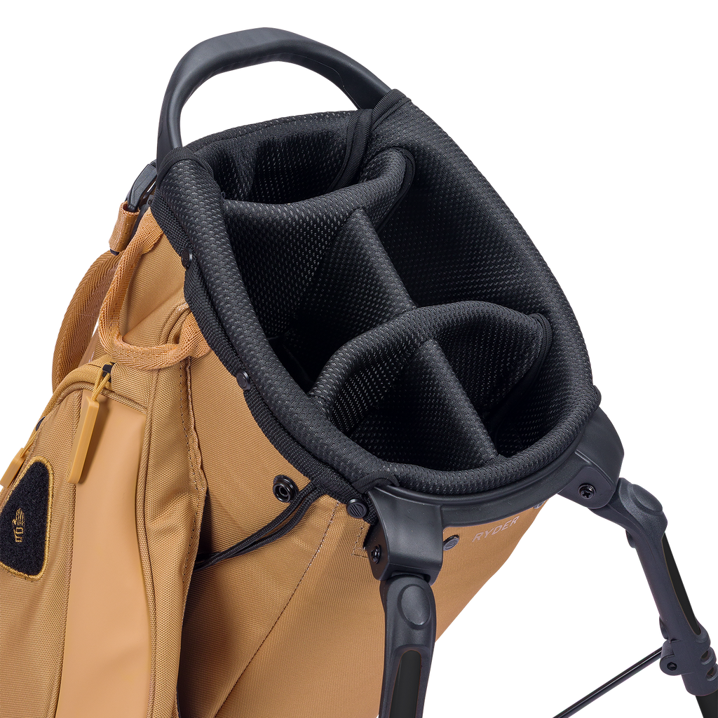 Close-up of a golf bag with a black stand and brown body on a white background