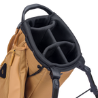 Close-up of a golf bag with a black stand and brown body on a white background