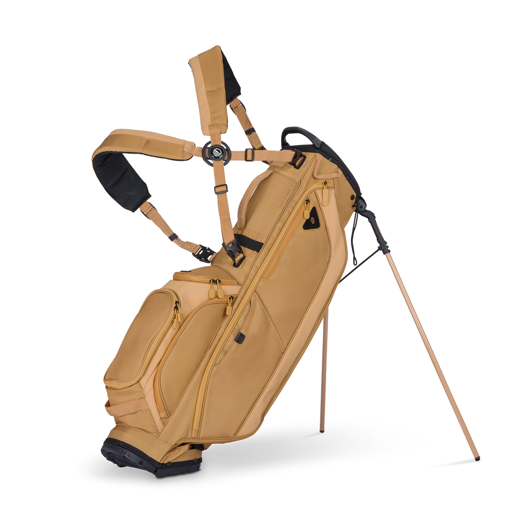 A full front shot of standing Ryder golf bag in clay thompson with double strap
