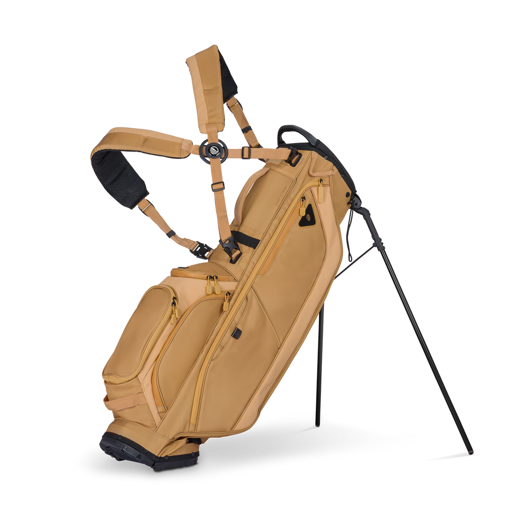 Clay golf bag with stand on a white background