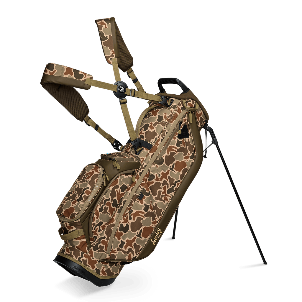 A full front shot of standing Ryder golf bag in Duck Camo with double strap
