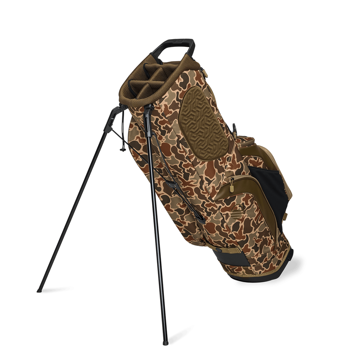 A full shot of standing Ryder golf bag in Duck Camo facing backward

