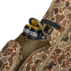 A close up shot of Duck Camo Ryder golf bag's frosty pocket with canned drinks inside
