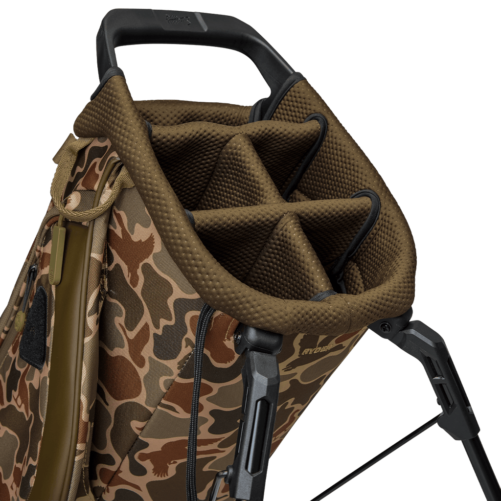 A close up top view of a Duck Camo ryder golf bag's 5 way divider  
