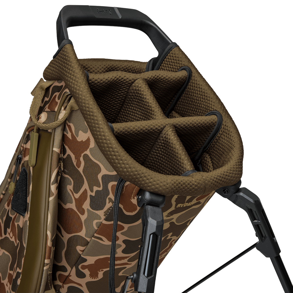 A close up top view of a Duck Camo ryder golf bag's 5 way divider  
