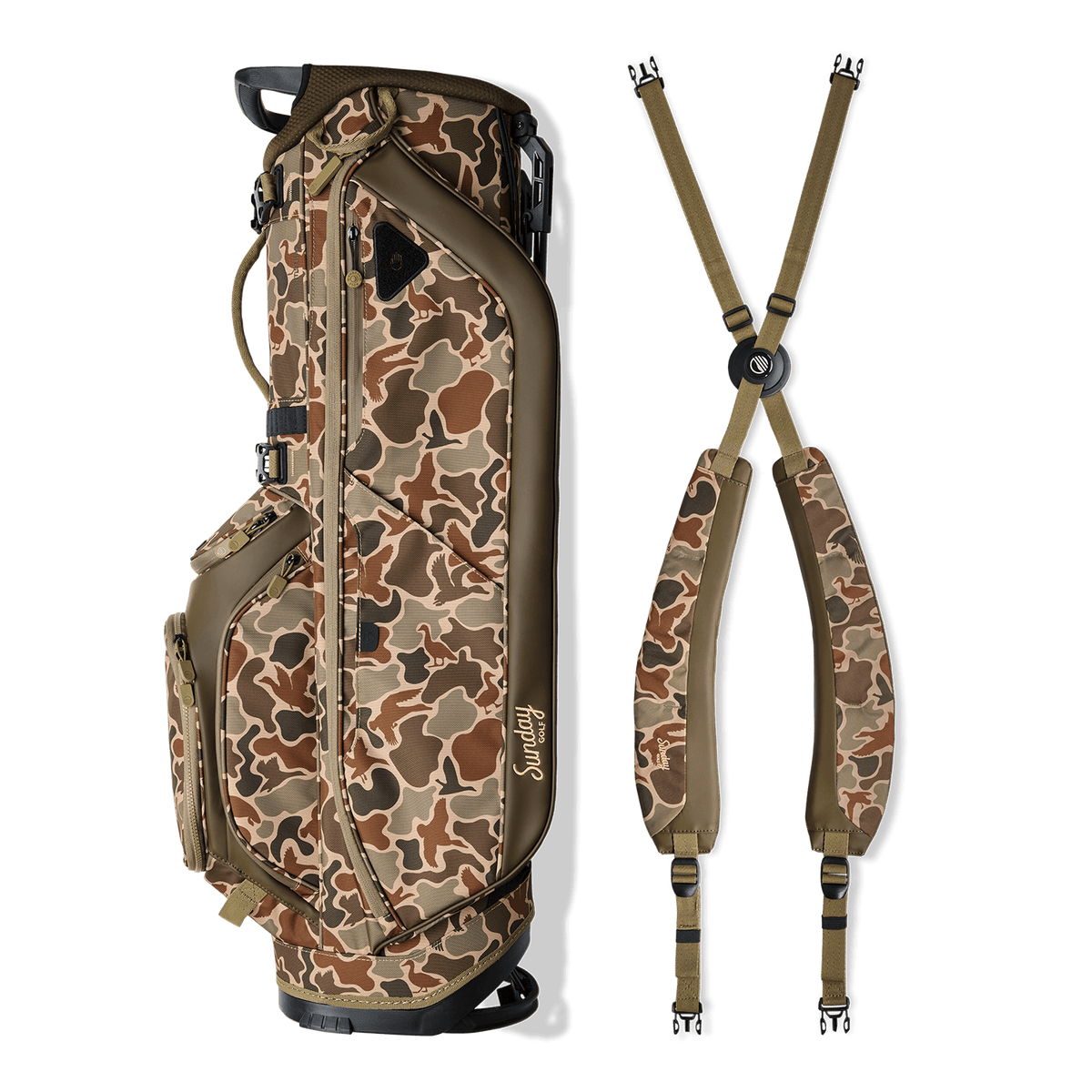 A full shot of Ryder golf bag in Duck Camo laying flat sideways beside its double strap
