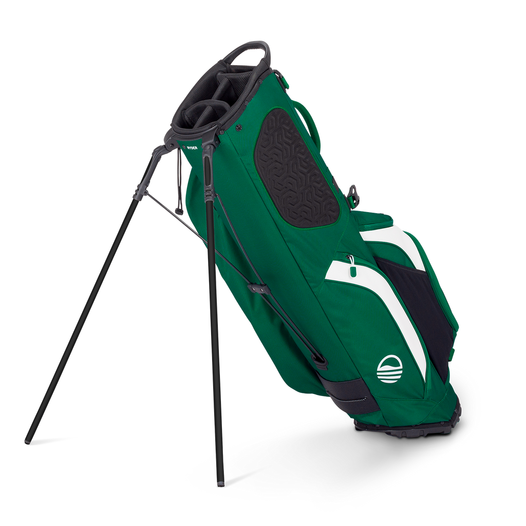 Green golf bag with a stand on a white background