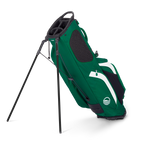 Green golf bag with a stand on a white background