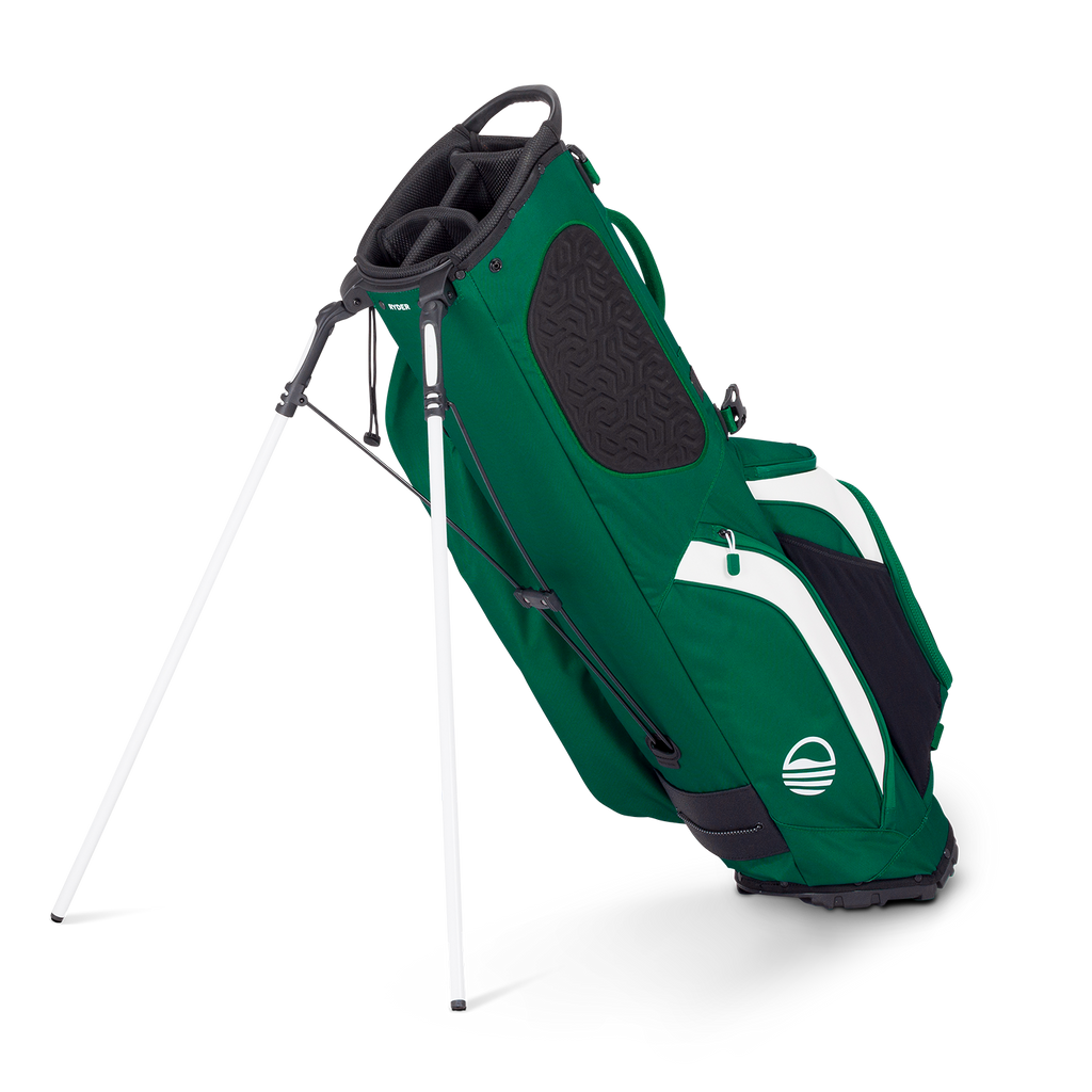 A full shot of standing Ryder golf bag in evergreen facing backward
