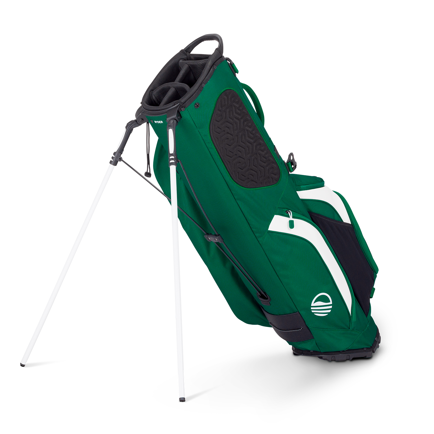 A full shot of standing Ryder golf bag in evergreen facing backward
