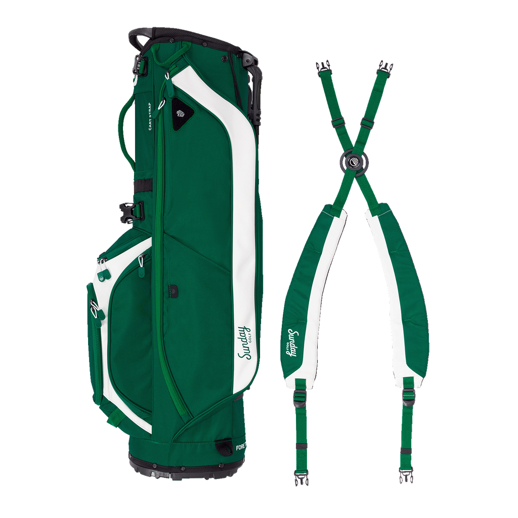 Green and white golf bag with strap on a white background
