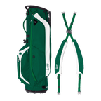 Green and white golf bag with strap on a white background