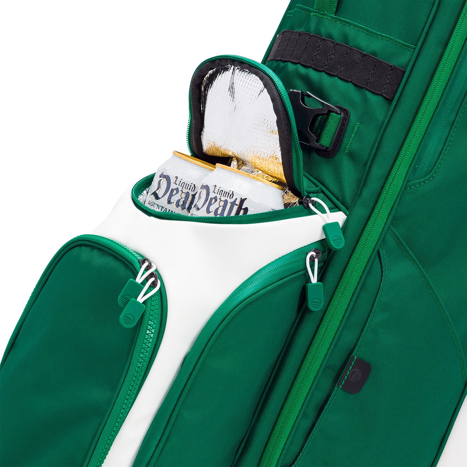 A close up shot of evergreen Ryder golf bag's frosty pocket with canned drinks inside
