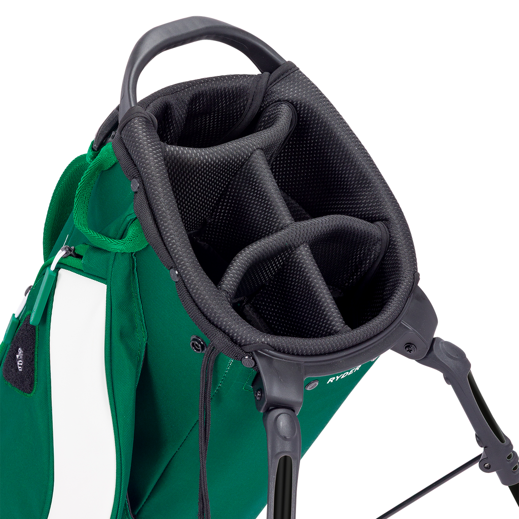 Close-up of a green golf bag with a black head cover on a white background