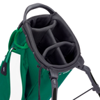 Close-up of a green golf bag with a black head cover on a white background