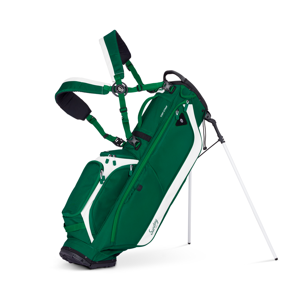 A full front shot of standing Ryder golf bag in evergreen with double strap
