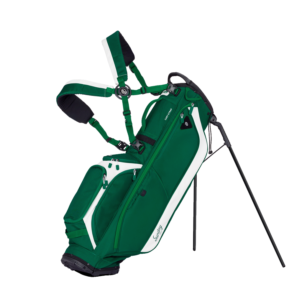 Green golf bag with white accents on a white background
