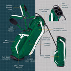 Green golf bag with features labeled on a grid background