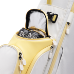 A close up shot of mindy lemon Ryder golf bag's frosty pocket with canned drinks inside