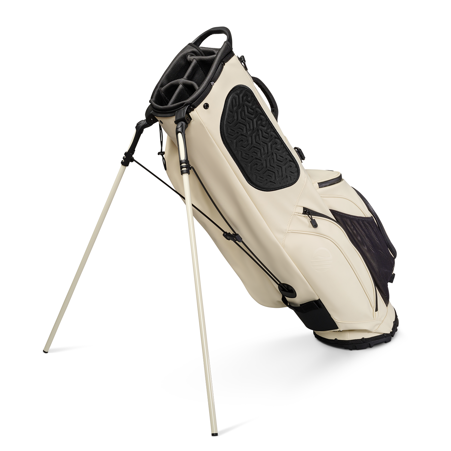 A full shot of standing Ryder S-Class golf bag in cream vegan leather facing backward