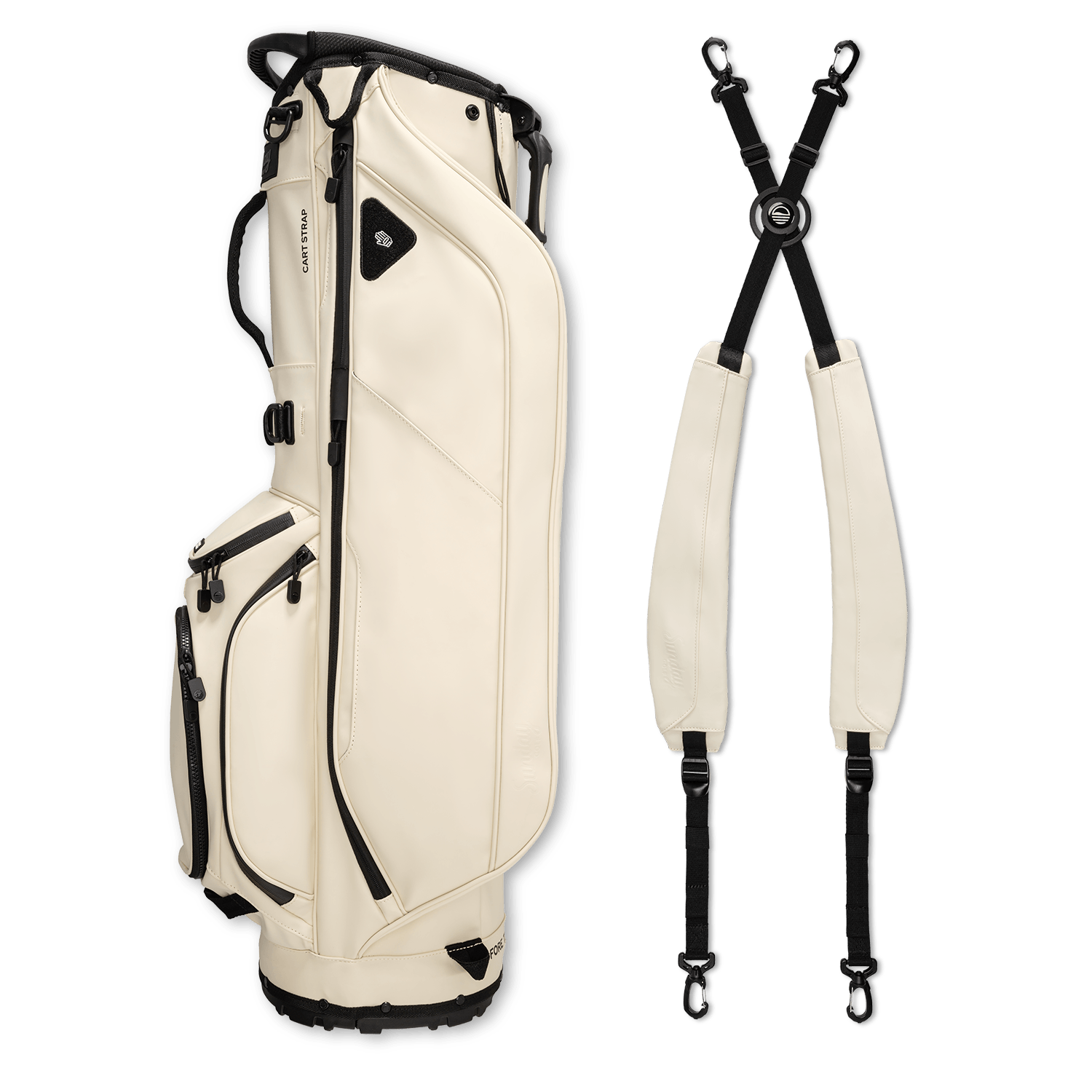 A full shot of Ryder S-Class golf bag in cream vegan leather laying flat sideways beside its double strap