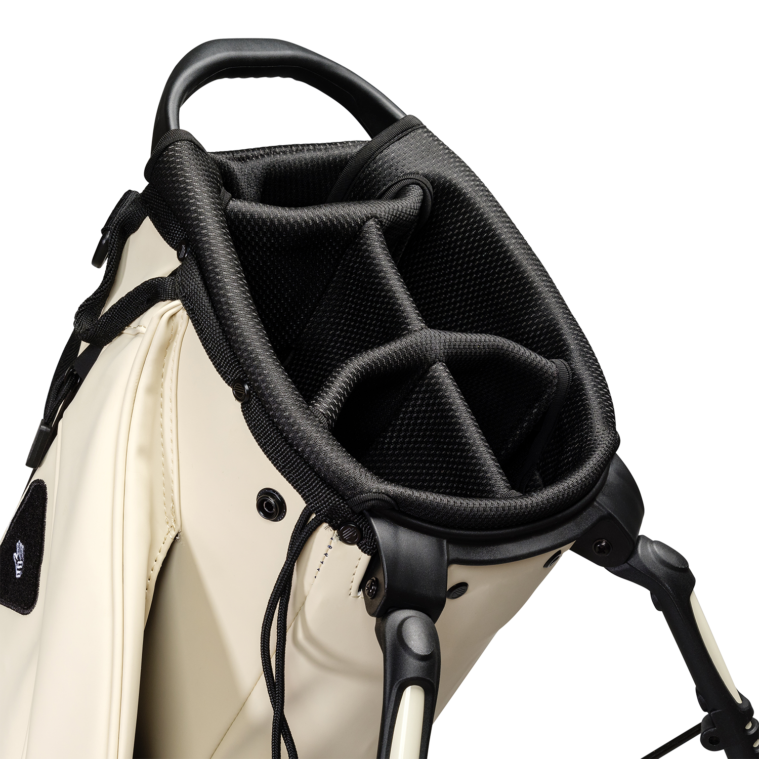 A close up top view of a cream vegan leather Ryder S-Class golf bag’s 5-way divider