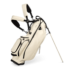 A full front shot of standing Ryder S-Class golf bag in cream vegan leather with double strap