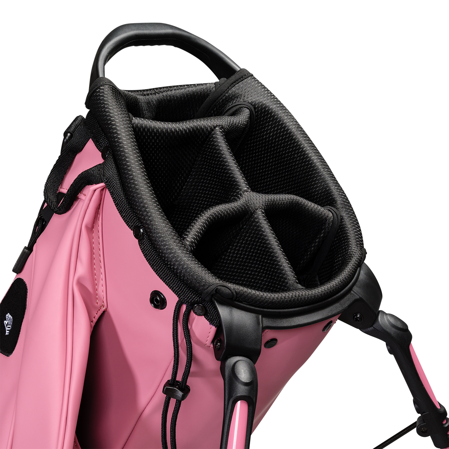 A close up top view of a dusty pink vegan leather Ryder S-Class golf bag’s 5-way divider