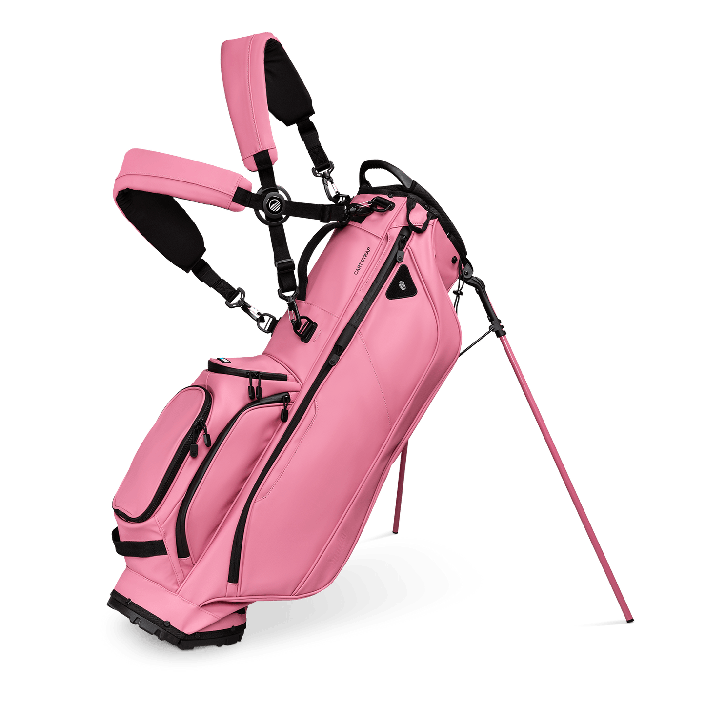A full front shot of standing Ryder S-Class golf bag in dusty pink vegan leather with double strap