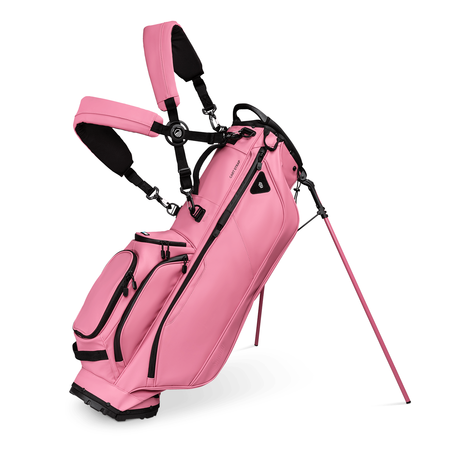 A full front shot of standing Ryder S-Class golf bag in dusty pink vegan leather with double strap
