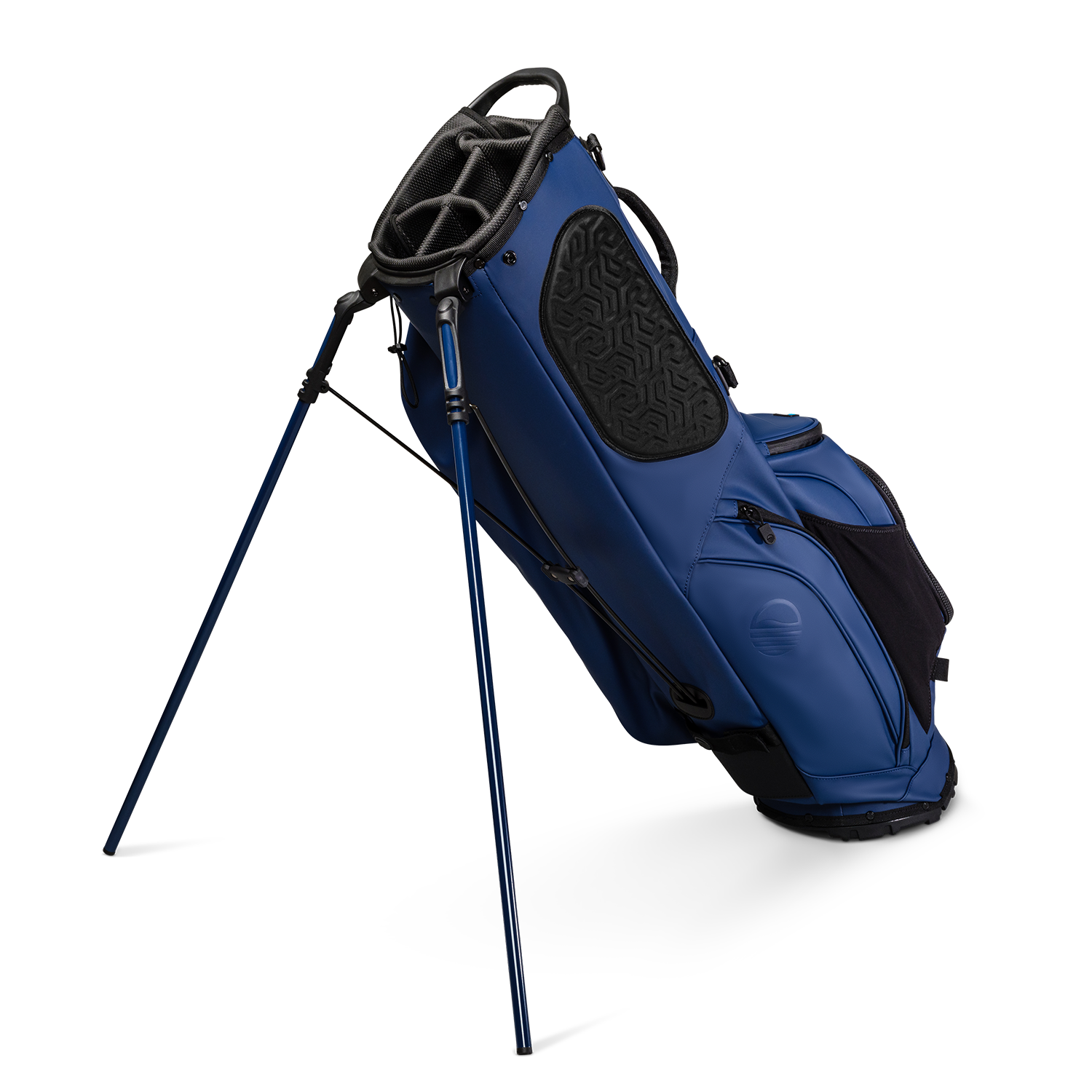 A full shot of standing Ryder S-Class golf bag in navy vegan leather facing backward