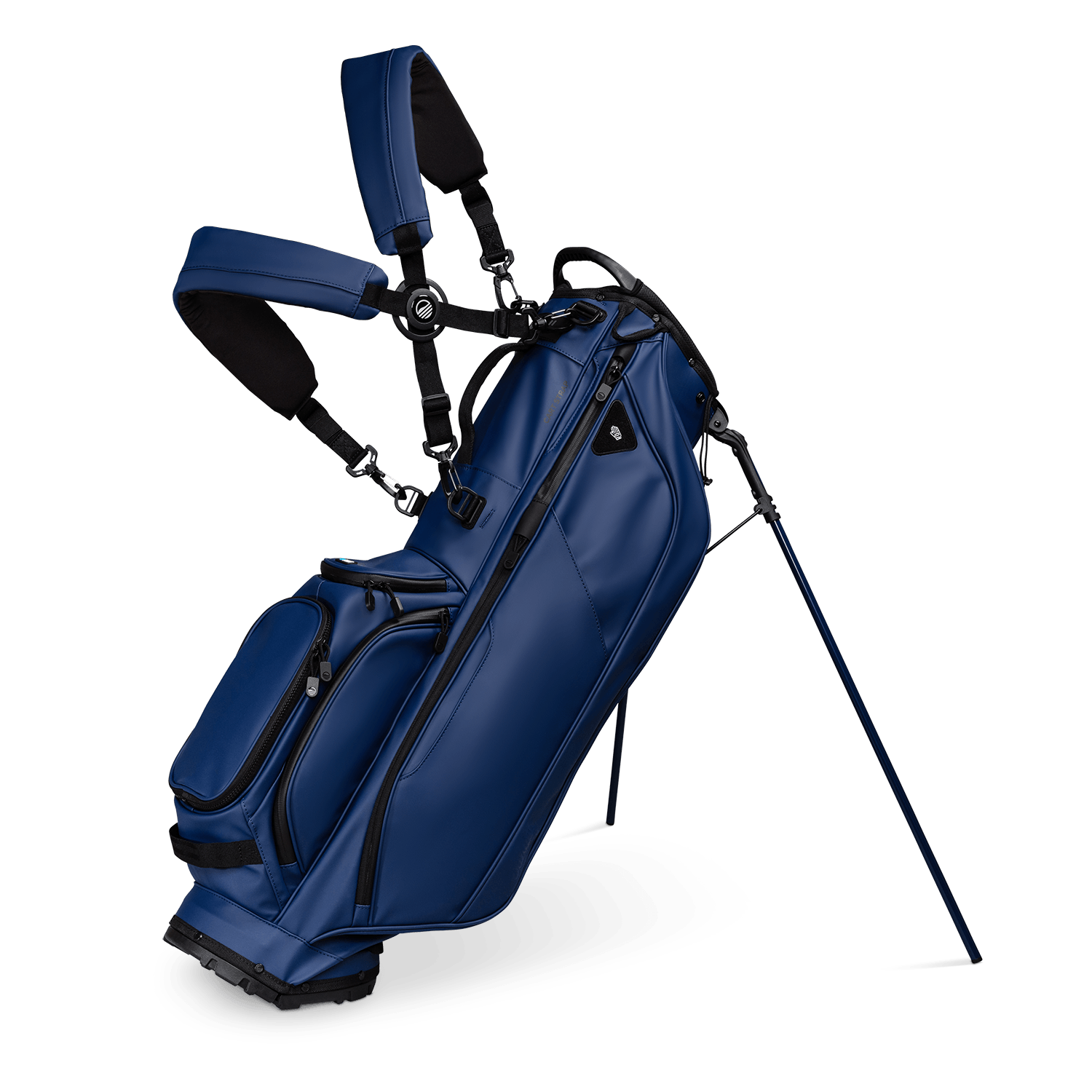 A full front shot of standing Ryder S-Class golf bag in navy vegan leather with double strap