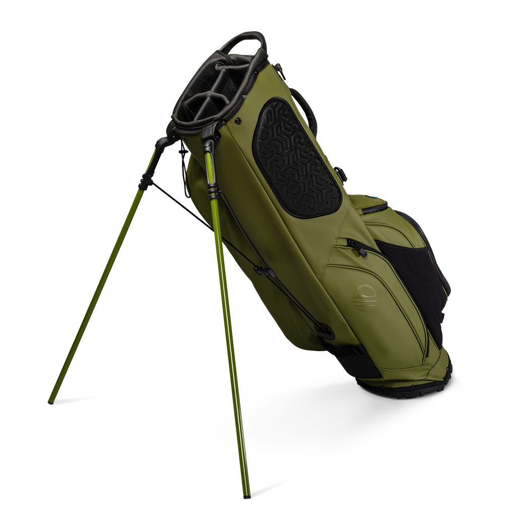 A full shot of standing Ryder S-Class golf bag in olive vegan leather facing backward