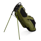 A full shot of standing Ryder S-Class golf bag in olive vegan leather facing backward