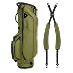 A full shot of Ryder S-Class golf bag in olive vegan leather laying flat sideways beside its double strap