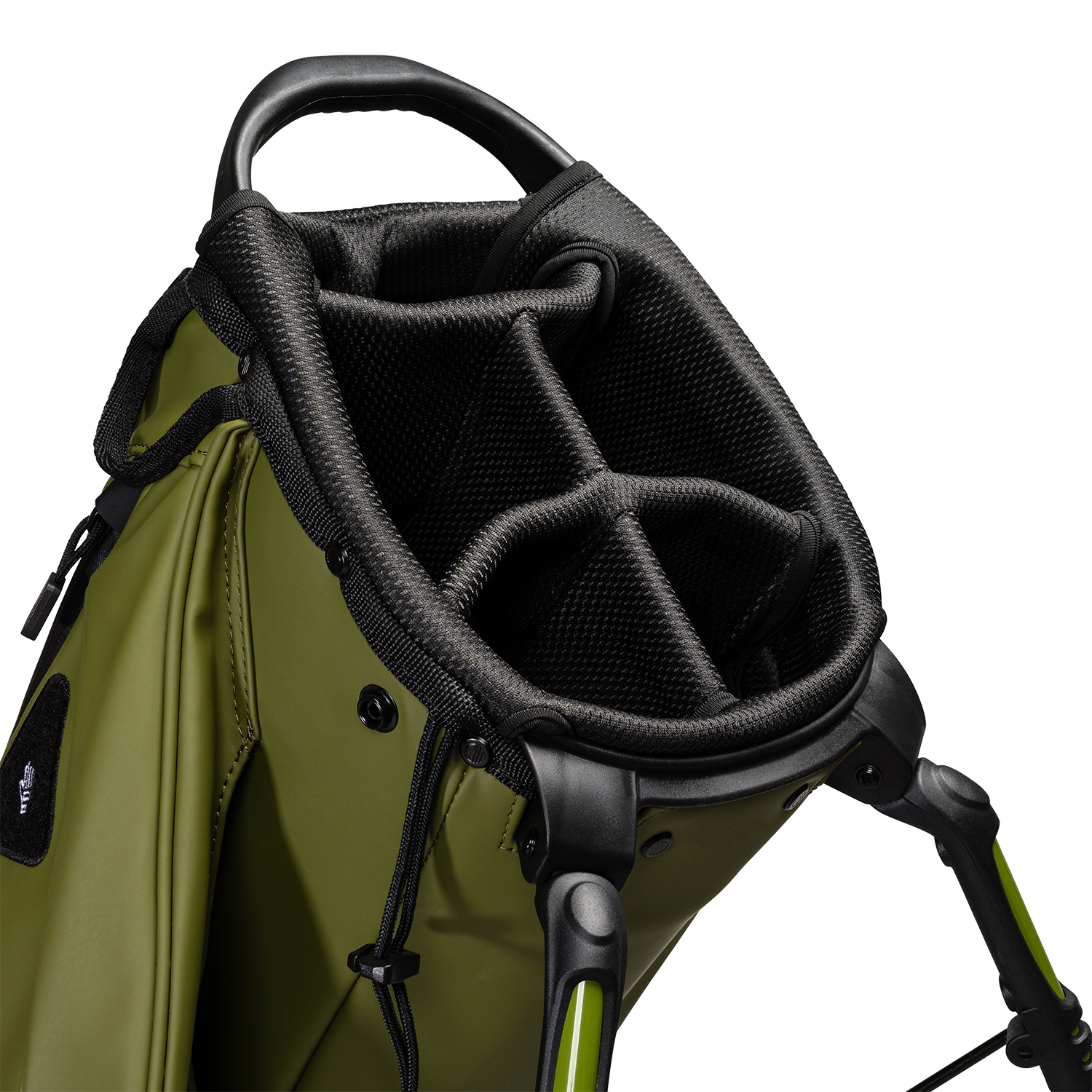 A close up top view of a olive vegan leather Ryder S-Class golf bag’s 5-way divider