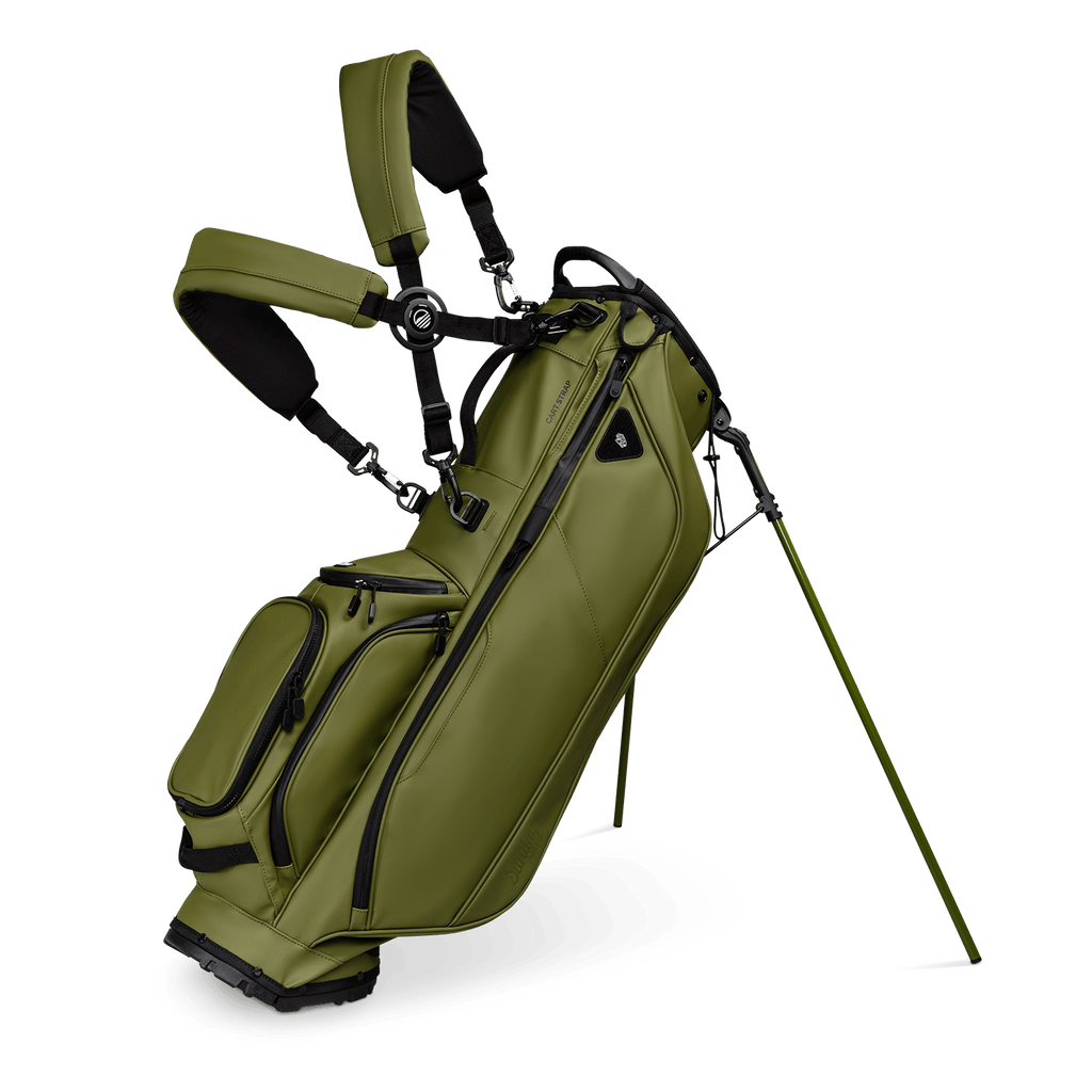 A full front shot of standing Ryder S-Class golf bag in olive vegan leather with double strap