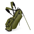A full front shot of standing Ryder S-Class golf bag in olive vegan leather with double strap