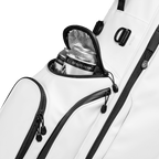 A close up shot of olive vegan leather Ryder S-Class golf bag's frosty pocket with canned drinks inside