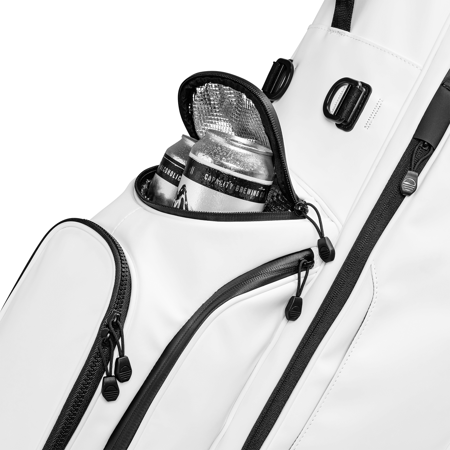 A close up shot of olive vegan leather Ryder S-Class golf bag's frosty pocket with canned drinks inside