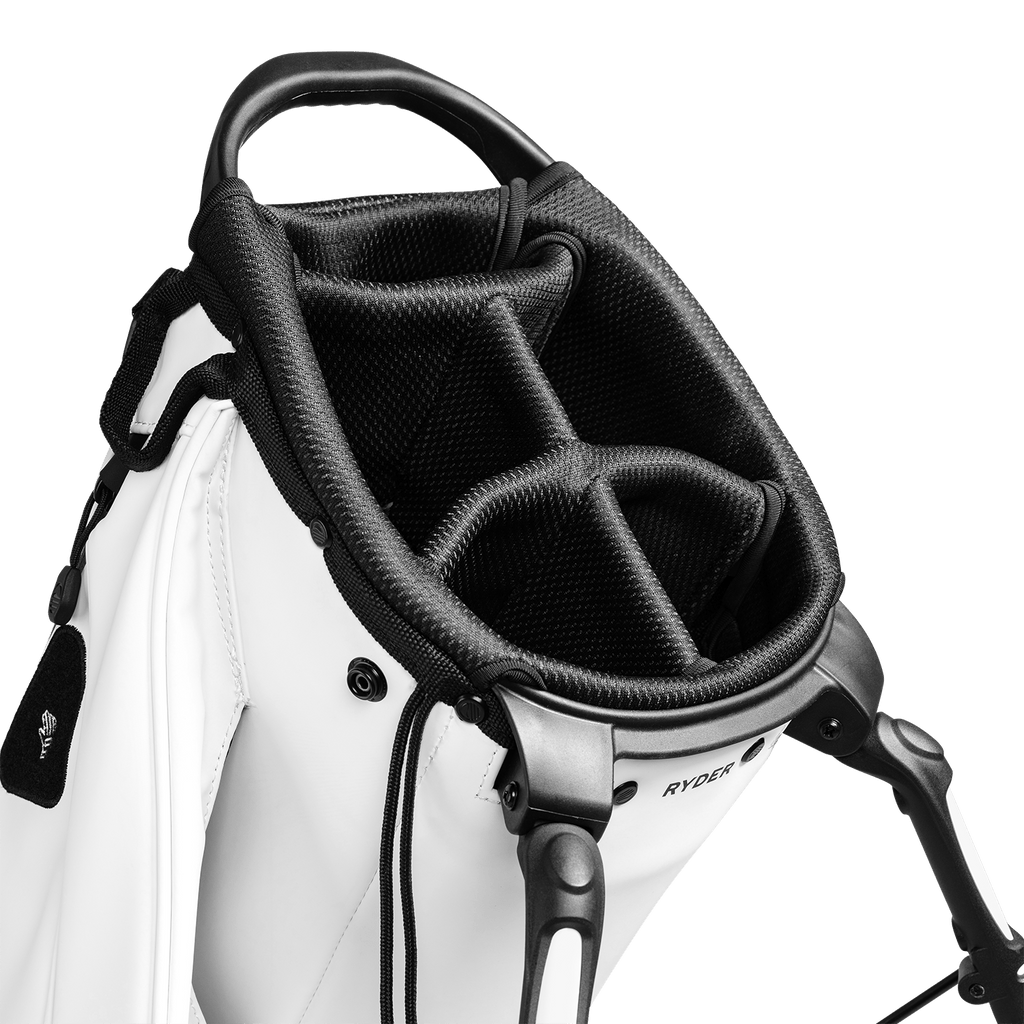 A close up top view of an olive vegan leather Ryder S-Class golf bag’s 5-way divider