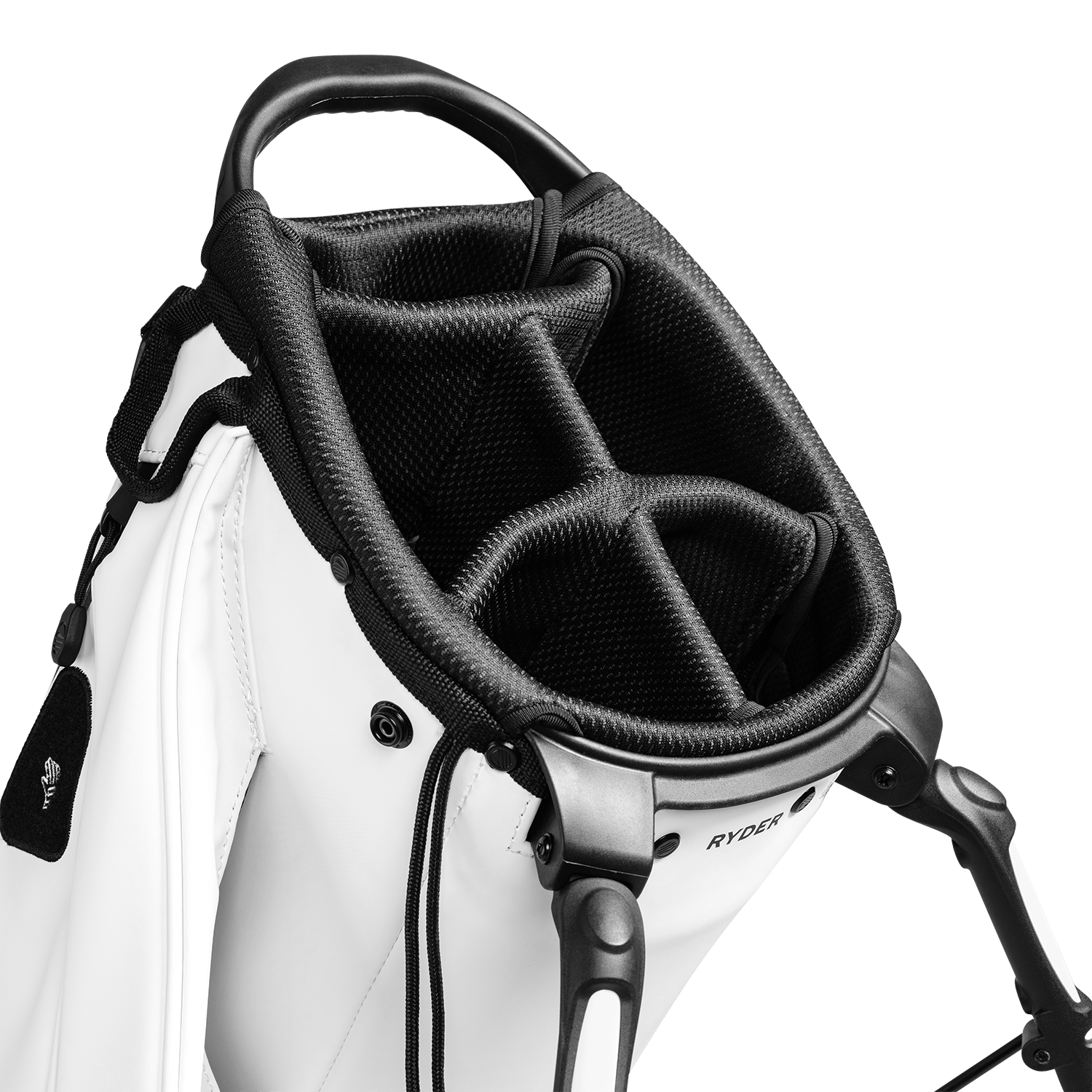 A close up top view of an olive vegan leather Ryder S-Class golf bag’s 5-way divider