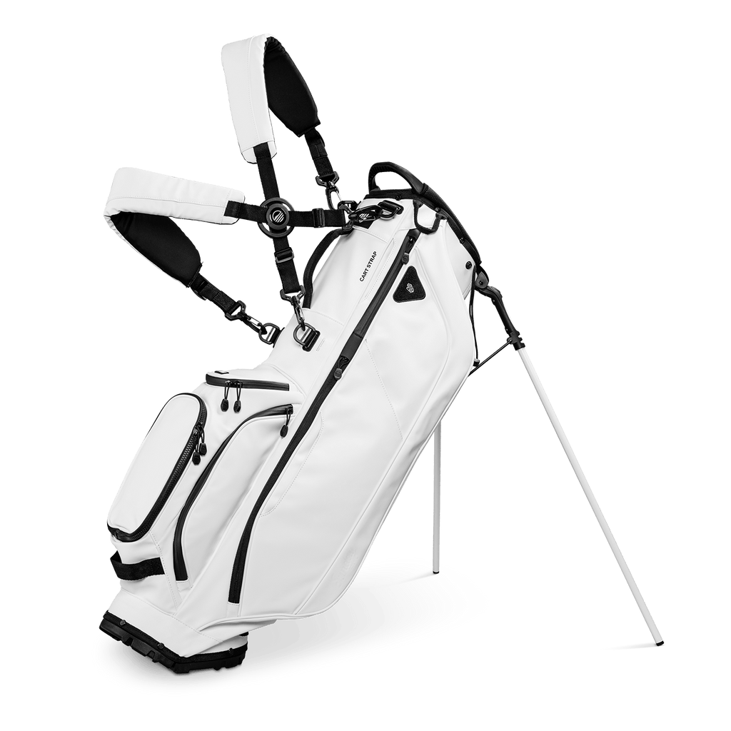 A full front shot of standing Ryder S-Class golf bag in white vegan leather with double strap
