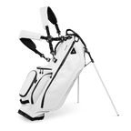 A full front shot of standing Ryder S-Class golf bag in white vegan leather with double strap