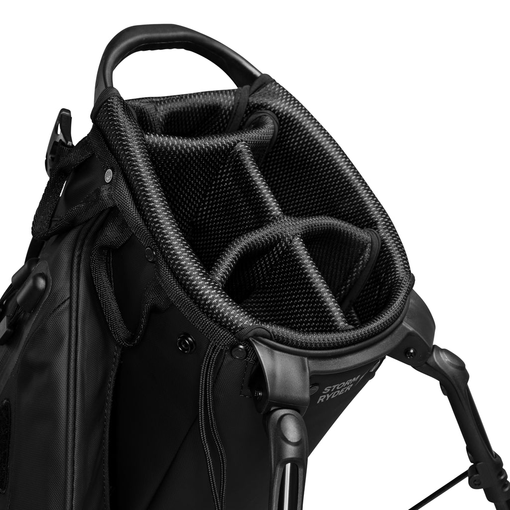 A close up top view of a storm ryder golf bag's 5 way divider  
