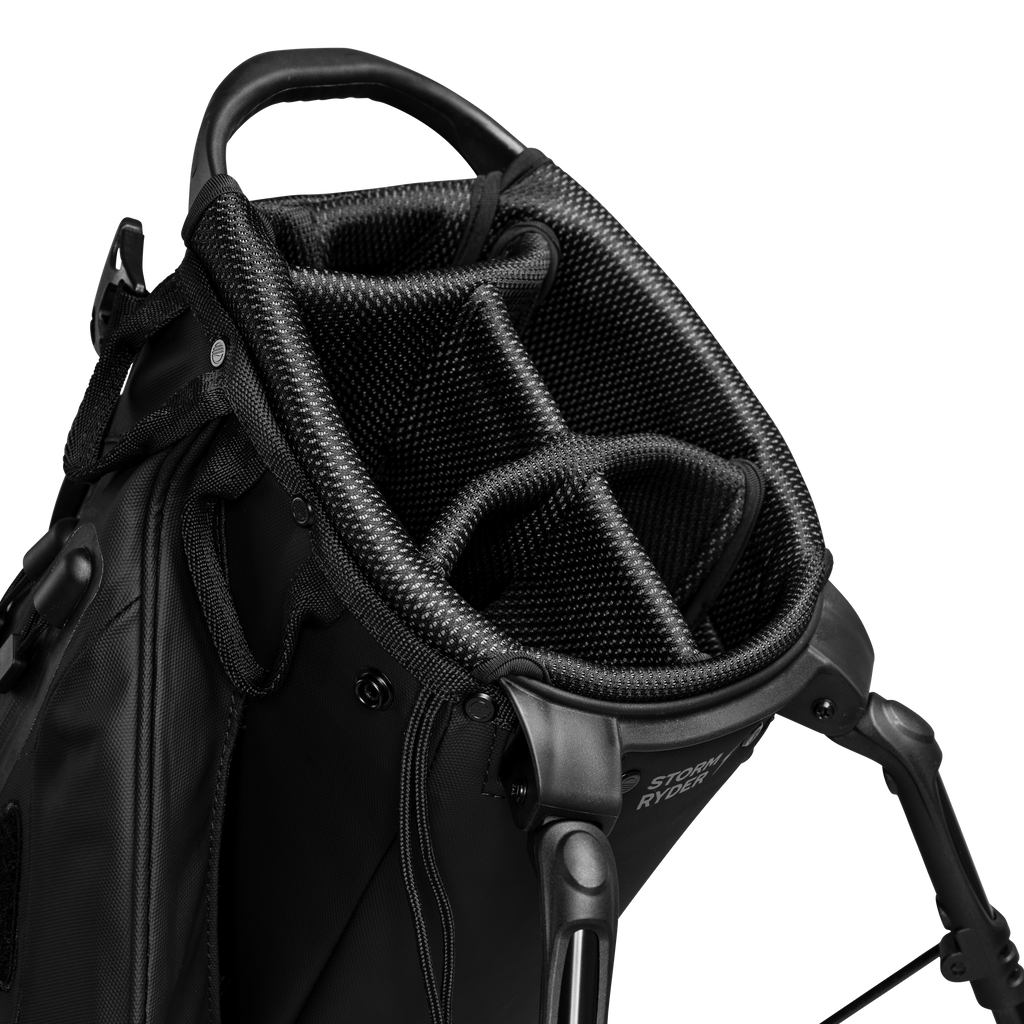 A close up top view of a storm ryder golf bag's 4 way divider along 