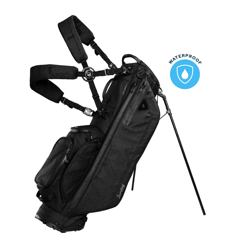 A full front shot of standing Storm Ryder golf bag in black with double strap
