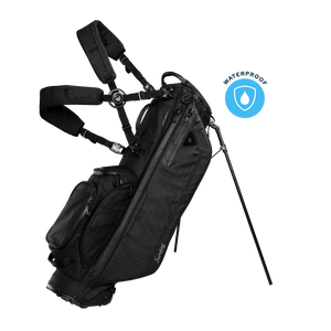 A full front shot of standing Storm Ryder golf bag in black with double strap
