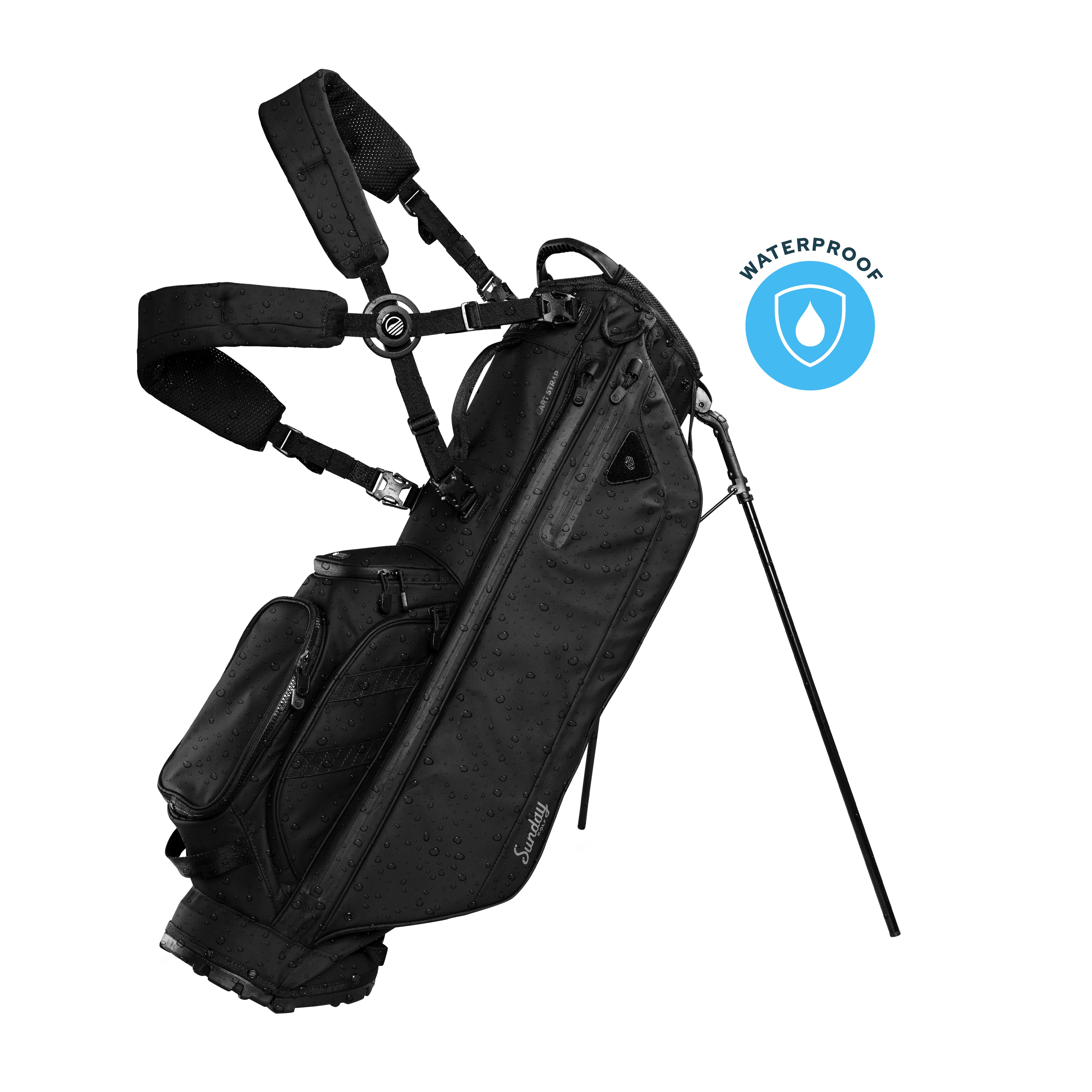 A full front shot of standing storm Ryder golf bag in evergreen with double strap with a waterproof icon
