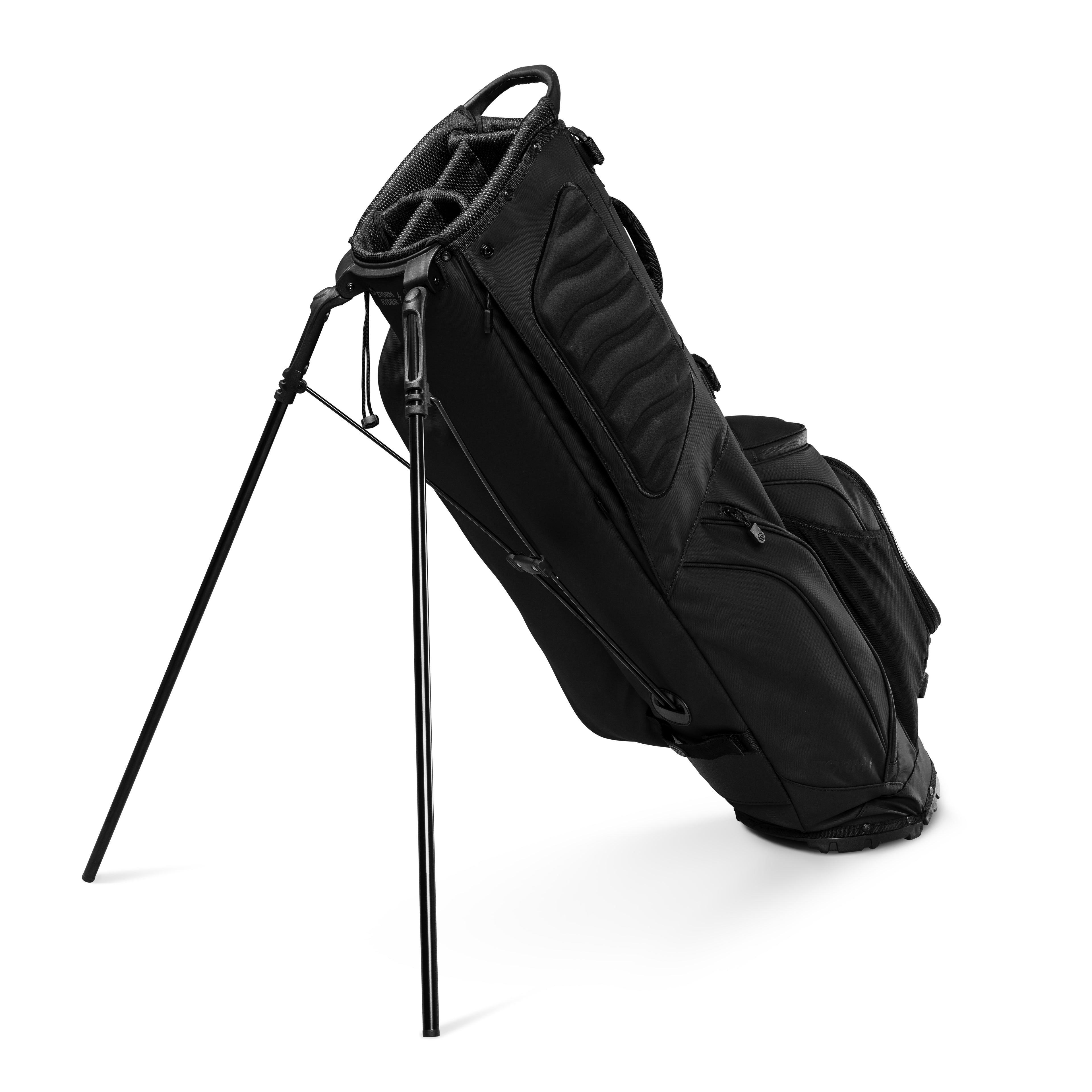 A full shot of standing storm Ryder golf bag in evergreen facing backward
